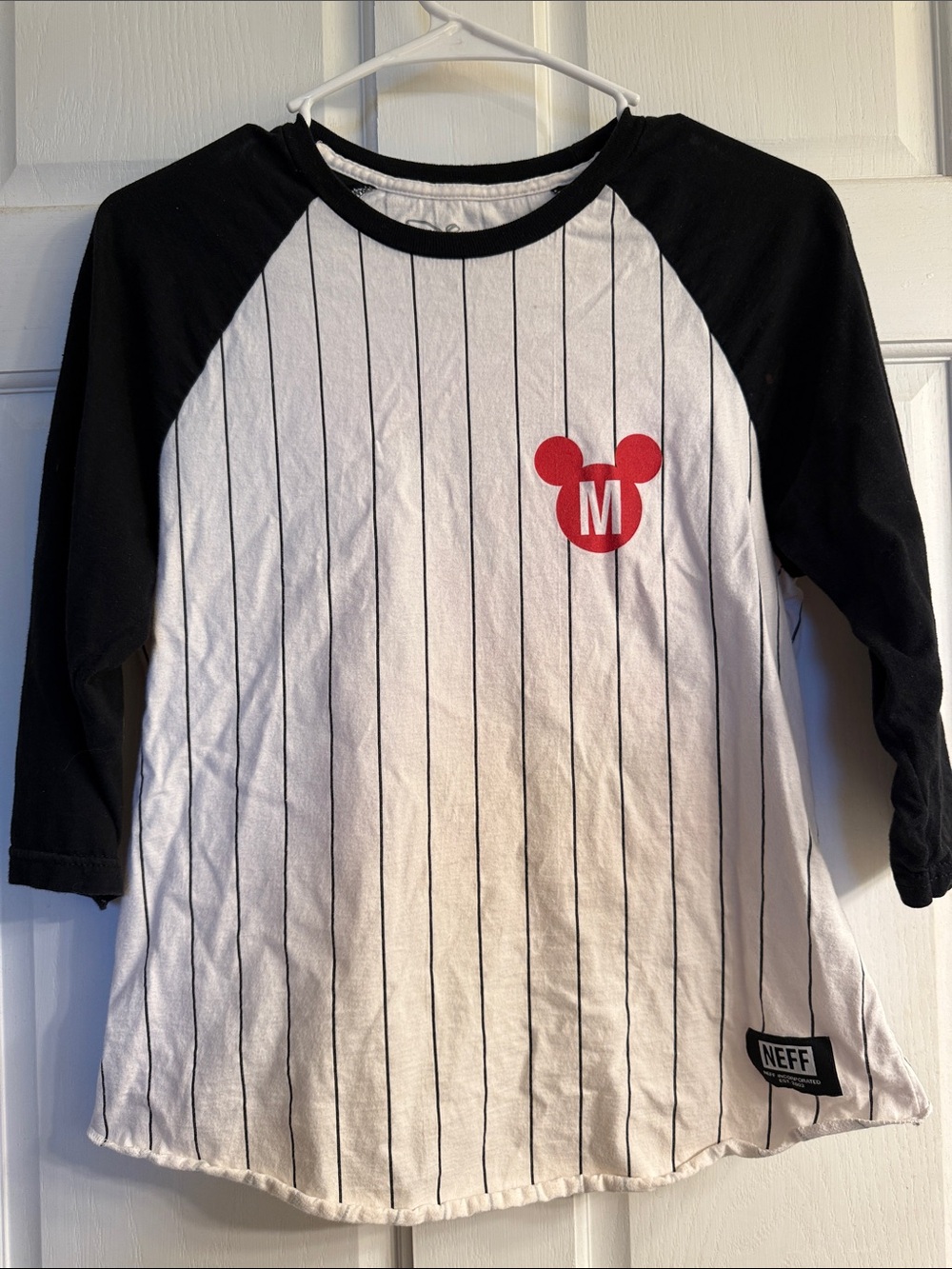 Neff Kids Black & White Pinstripe Raglan Tee with Red Mickey Logo